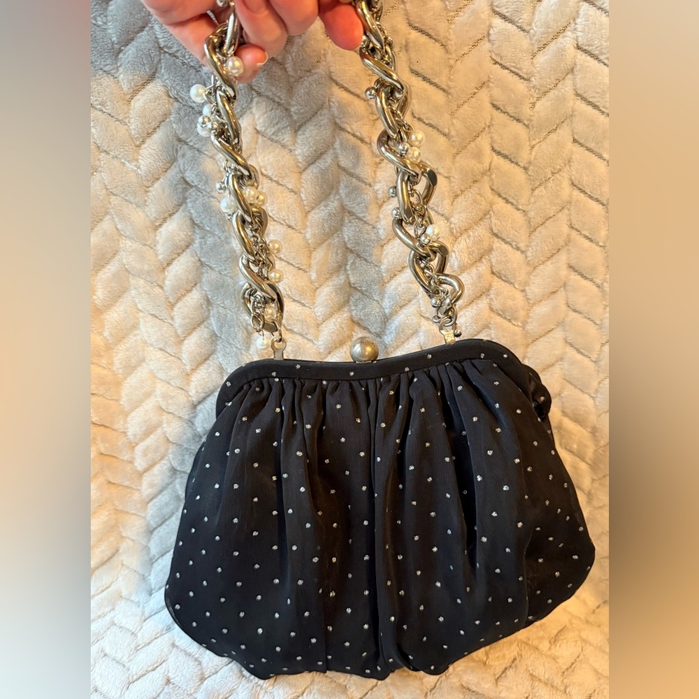 Betsey Johnson Black and Shiny Polka Dot Handbag with Silver Chain